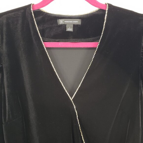 3/$25 INC International Concepts Rhinestone Trim Velvet Top L Long Puff‎ Sleeves - Picture 6 of 7